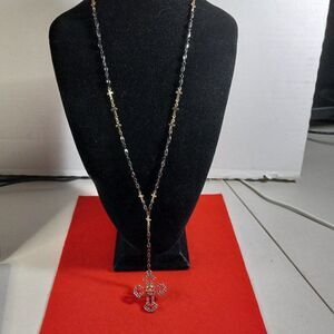 Steve Madden Pink Rhinestone Skull Cross Pendant and gold tone crosses necklace